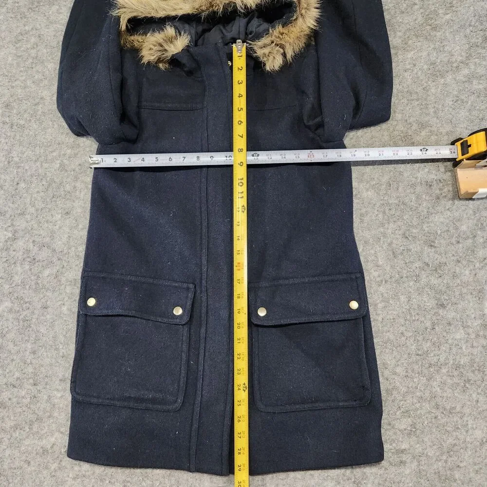 J Crew Womens 4 Vail Parka Wool‎ Blend Faux Fur Hooded Jacket Coat Navy Heavy